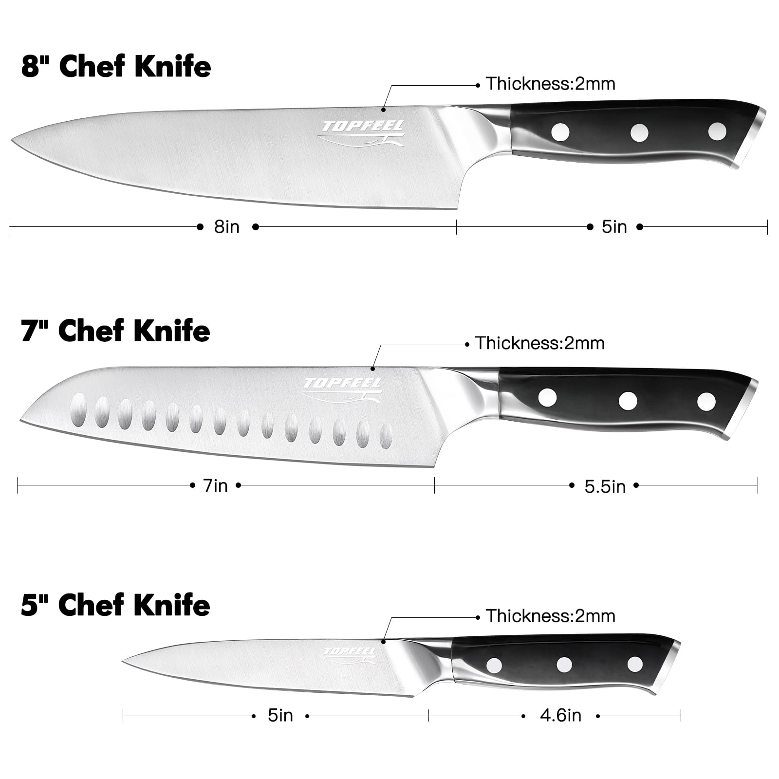 TOPFEEL Kitchen Knife Set, 3-piece Stainless Steel Chef Knife,Santoku Knife & Utility Knife with Gift Box for Home