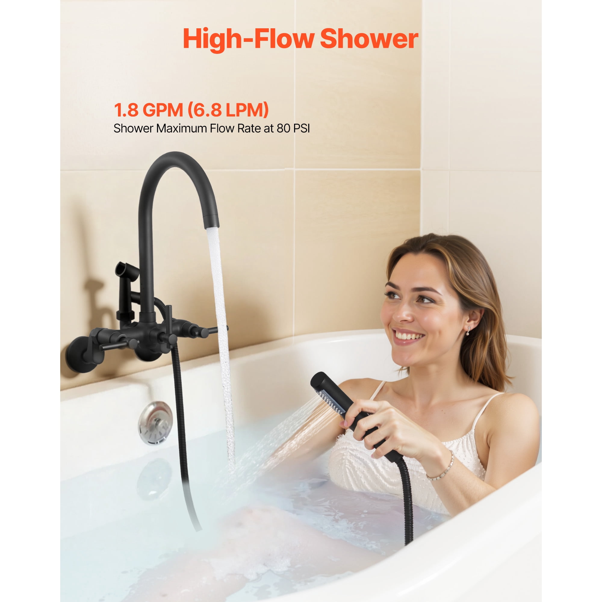 KFFKFF Wall-Mounted Clawfoot Tub Faucet with Handheld Shower, Vintage Matte Black Bathtub Filler Kit Featuring Adjustable Swing Arms & Rotating Gooseneck Spout for Bathtubs