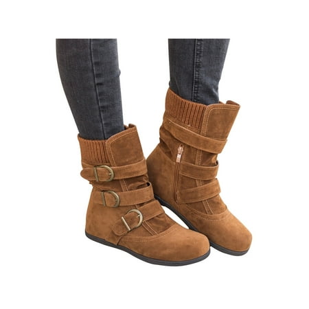 

Daeful Womens Winter Boot Side Zipper Mid-Calf Boots Woolen Yarn Casual Shoes Walking Comfort Non-slip Strap Buckle Brown 6.5