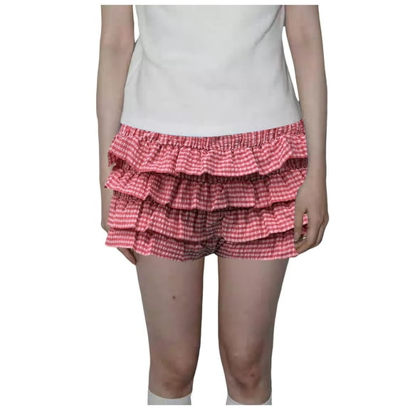 Women Sexy Ruffle Shorts With Bow Plaid Print Party Mini Shorts Short Skirt Low Waist Layered Shorts