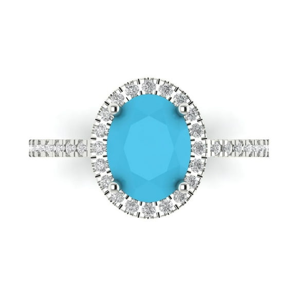 2.27 ct Oval Cut Simulated Turquoise with Simulated Diamond Halo Accents 14K White Gold Womens Engagement Ring