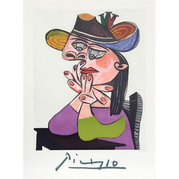 Pablo Picasso 14533 Femme Accoudee En Robe Mauve Et an Drapeau- Lithograph on Paper 29 In. x 22 In. - Purple- Blue- Brown- Green