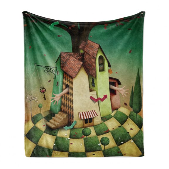 Mural Soft Flannel Fleece Throw Blanket, Conceptual Illustration for Fairy Tale Wonderland House with a Girl Trapped Inside, Cozy Plush for Indoor and Outdoor Use, 50" x 70", Multicolor, by Ambesonne