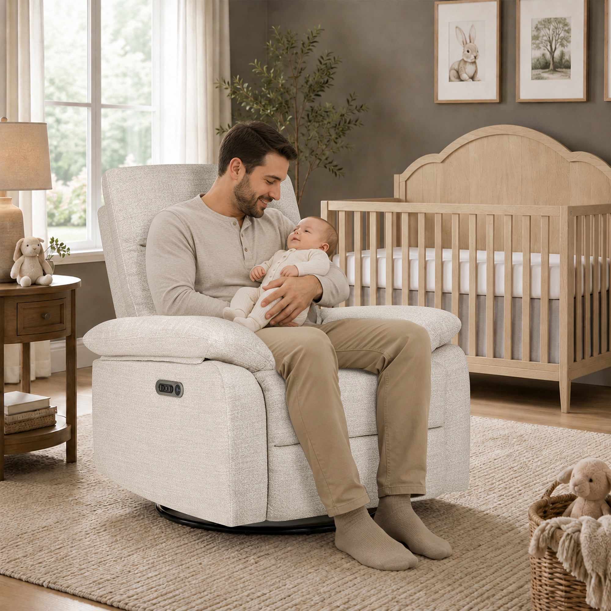 Evolur Asher Deluxe Power Recline Glider, Extra-Wide Nursery Recliner Chair with Adjustable Power Headrest, 275° Swivel, USB-A & USB-C Charging Ports, Ergonomic Lumbar Support, FSC Certified, Oatmeal