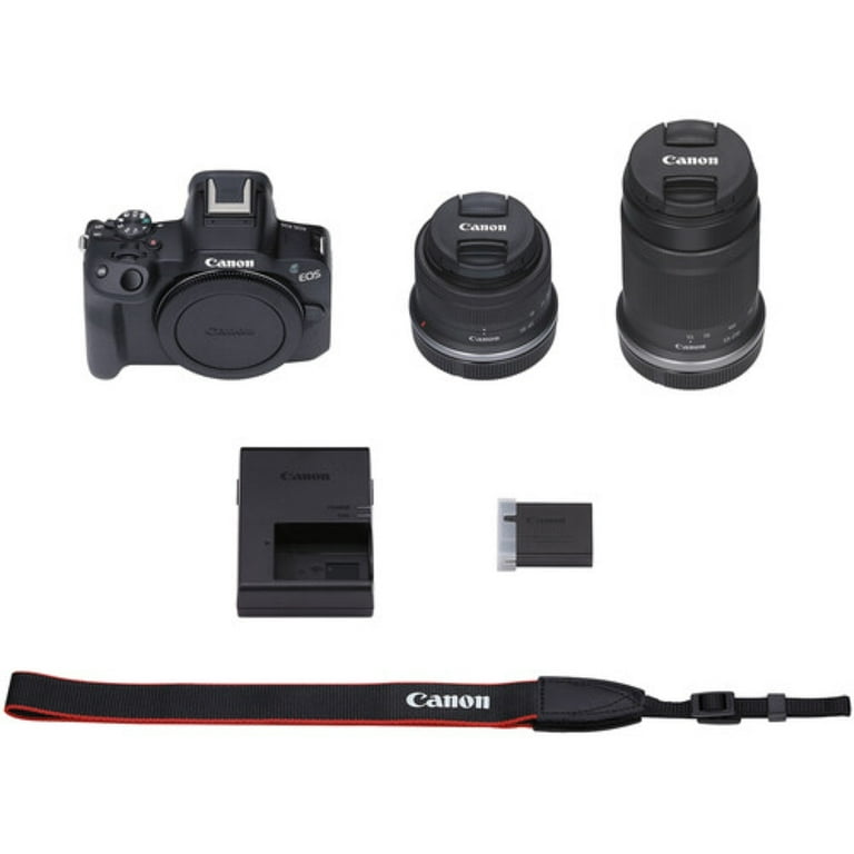 Canon Eos R50 Mirrorless Camera with 18-45mm and 55-210mm Lenses | Black Bundle with Canon 200ES Eos Shoulder Bag + Transcend 64gb 330S UHS-I SDXC