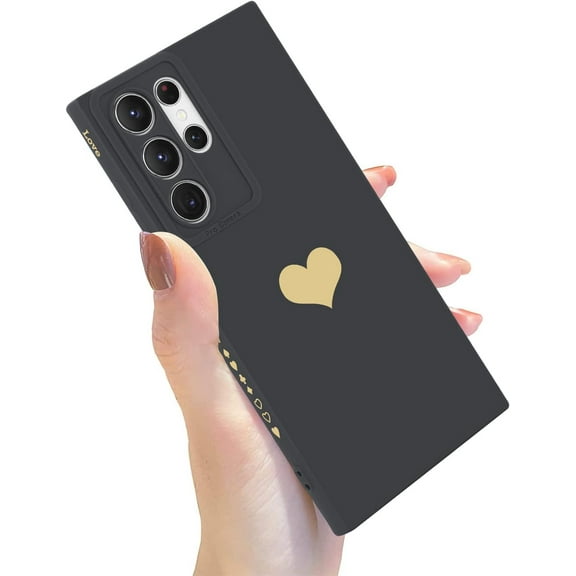 Designed for Samsung Galaxy S22 Ultra Case (6.8 in) for Women Slim Silicone Camera Protection Protective Case with Cute Gold Heart Silky-Soft Touch Shockproof Cover for Galaxy S22 Ultra-Black