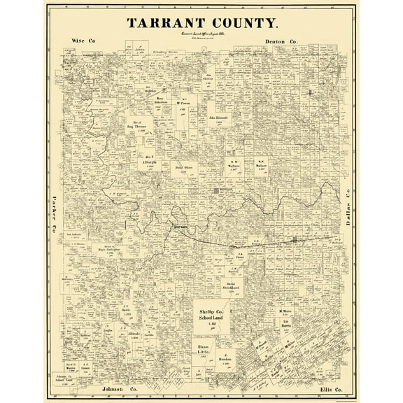 Historic County Map - Tarrant County Texas- General Land Office 1885 - 23 x 29.25 - Vintage Wall Art