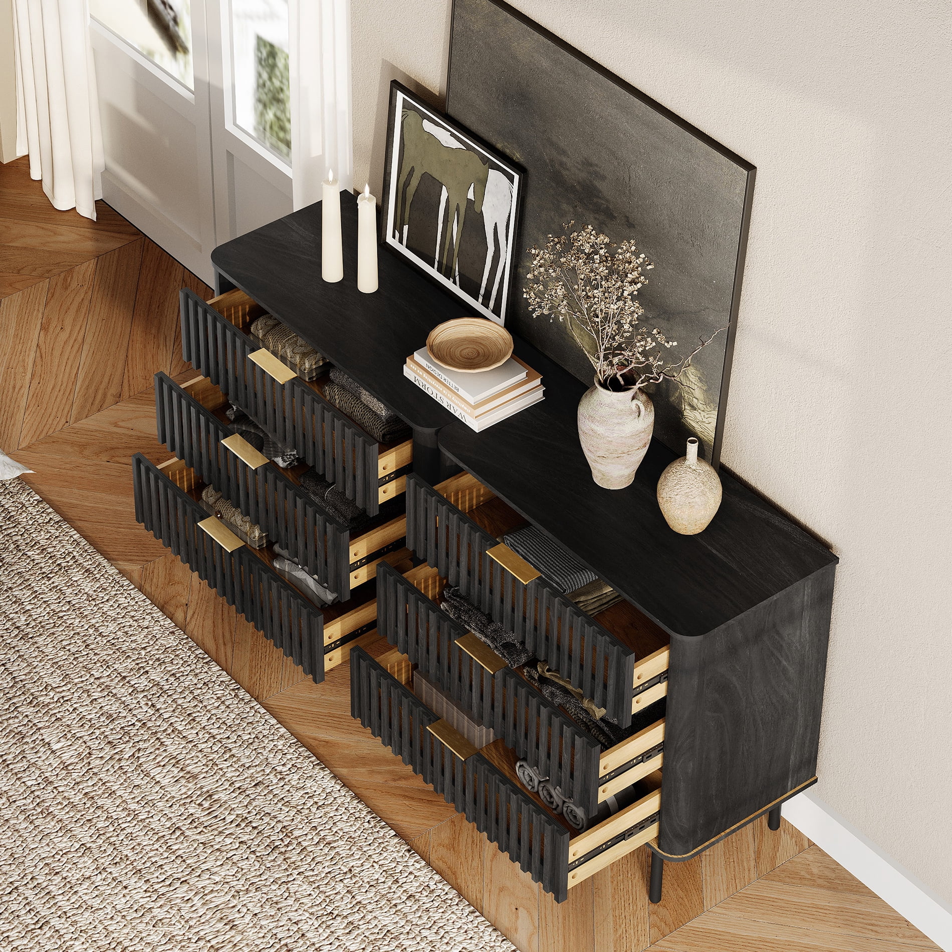 63"W Sideboard Buffet Cabinet with Storage, Fluted Kitchen Buffet Storage Cabinet with 6 Drawer, Large Coffee Bar Cabinet, Modern Buffet Table for Dining Living Room, Black