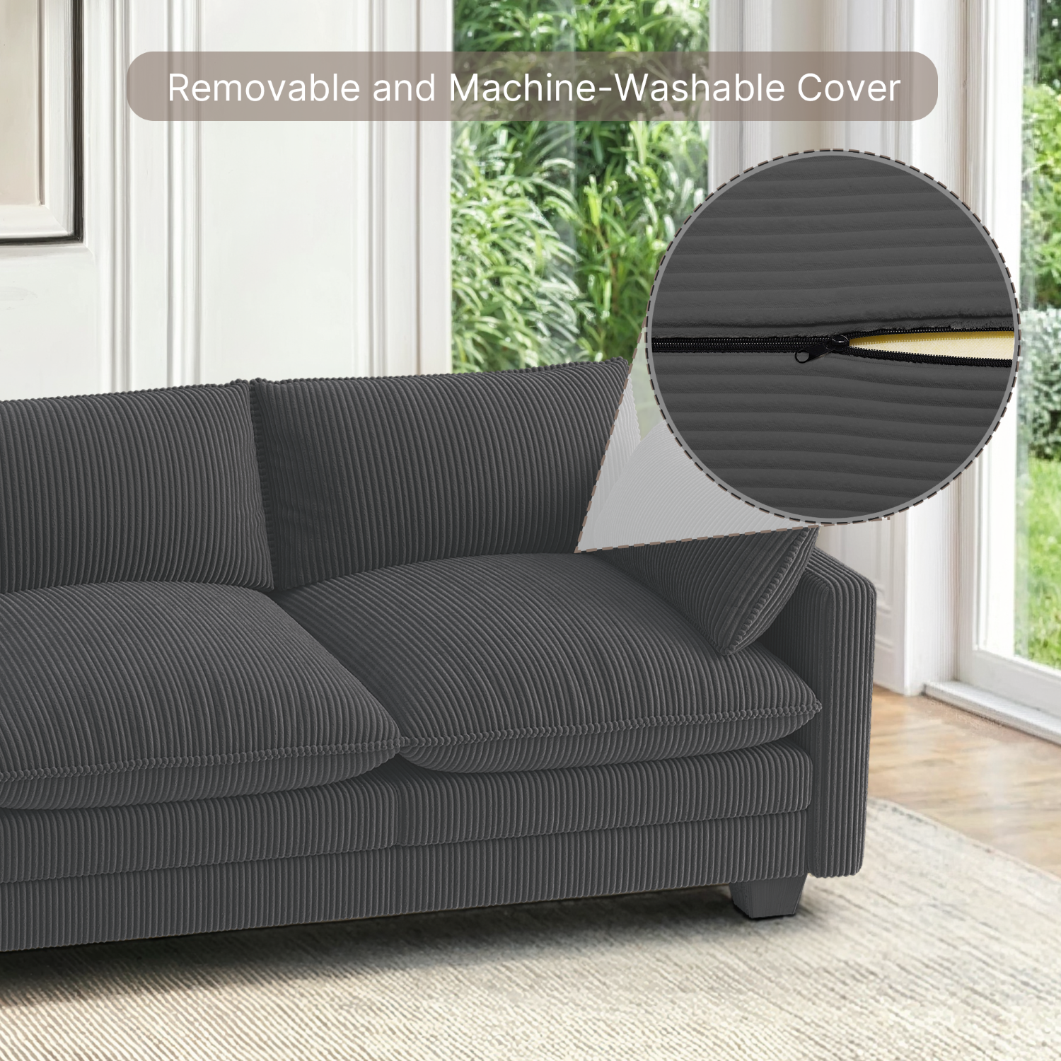 Noelse 75" Loveseat Sofa, Gray Corduroy Deep Seat photo 6