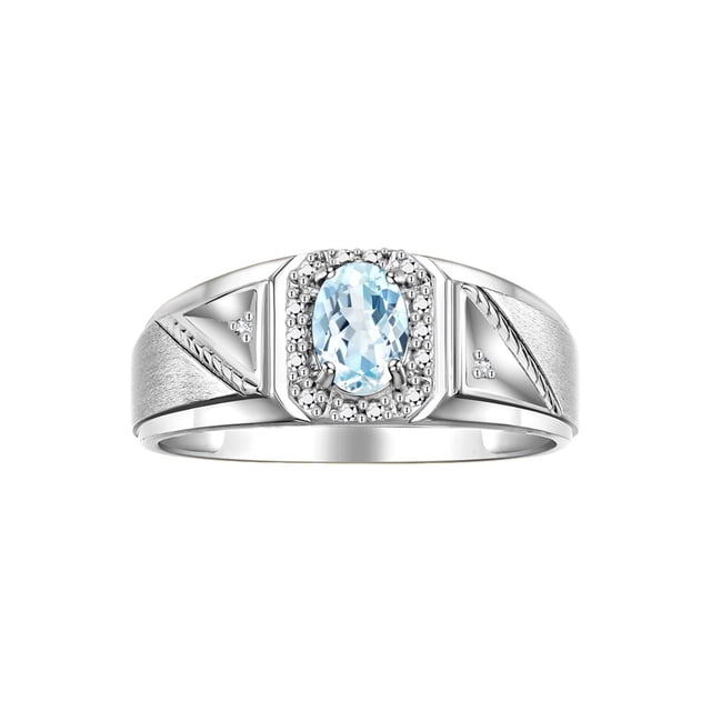 RYLOS Men's Rings 14K White Gold Classic 7X5MM Oval Gemstone & Diamond Ring Aquamarine March Birthstone Rings For Men Size 12