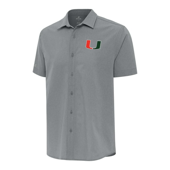 Men's Antigua  Gray Miami Hurricanes Activate Woven Short Sleeve Button-Down Shirt