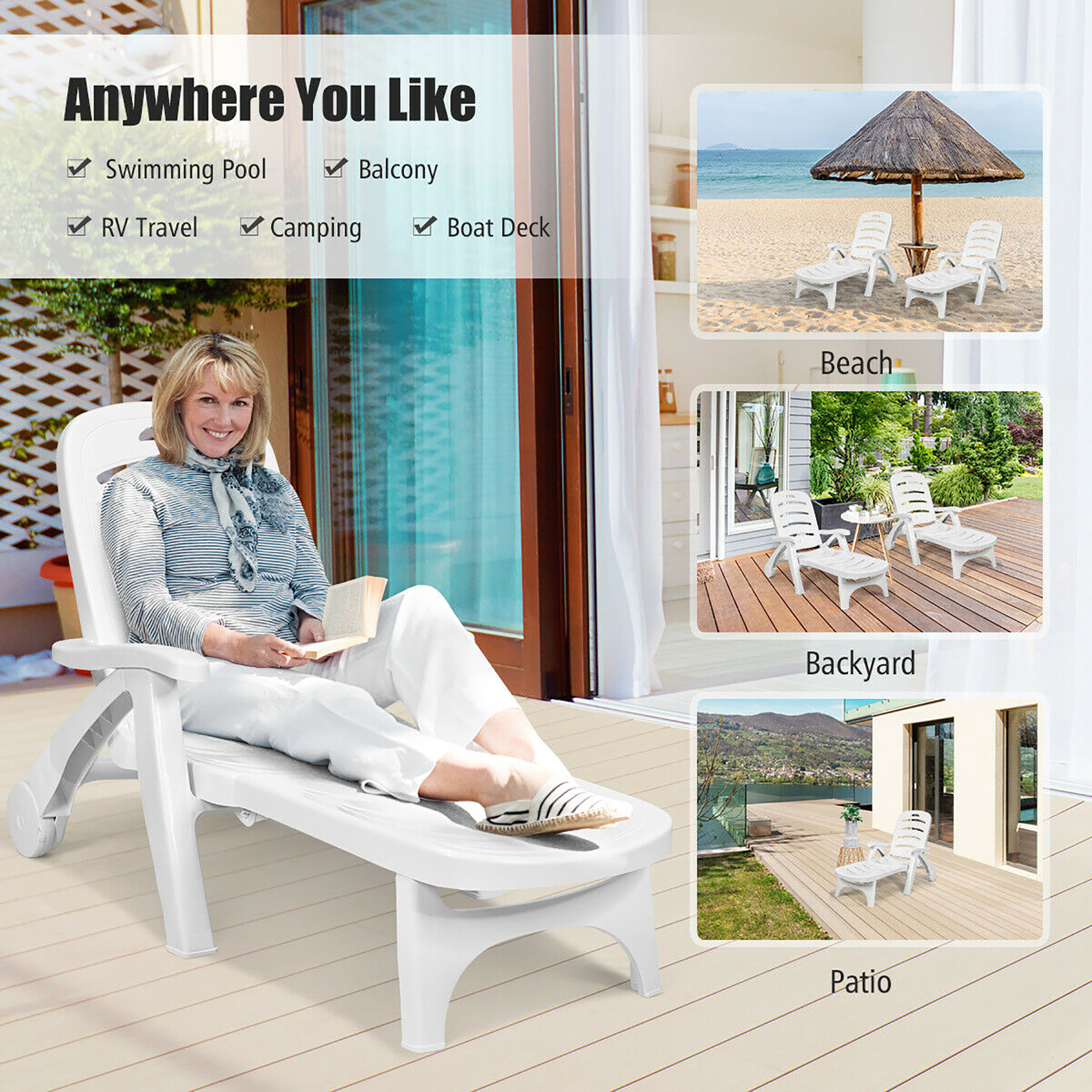Costway Adjustable Folding Patio Chaise Deck Chair Lounger 5 Position Recliner w/ Wheels - image 3 of 10