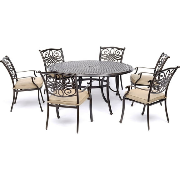 Hanover Traditions 7 Pcs Aluminum Outdoor Dining Set with Cast-top Table, Tan