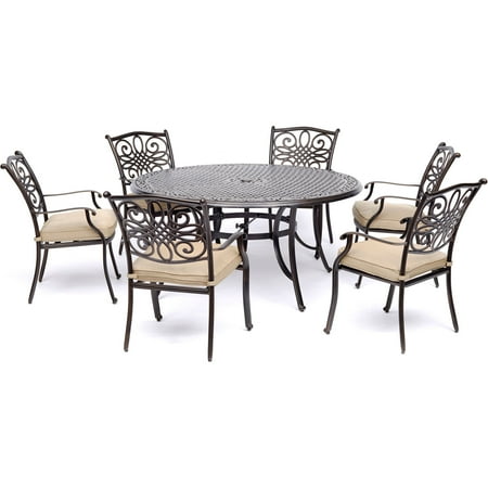 Charlotte Nc Outdoor Furniture Hanover Traditions 7-Piece Outdoor Dining Set with Round Cast-Top Table and 6 Stationary Chairs ()