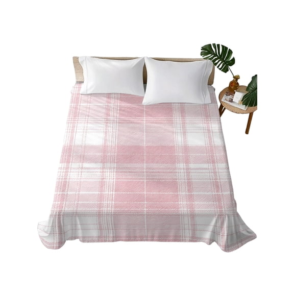 Queen Flat Sheet Pink Checked Plaid Flat Sheets Only Soft Breathable Microfiber Bedding Top Sheets Luxury Hotel Quality Modern Twist Lines Queen Bed Sheet for All Season Bedroom Dorm Home Decor