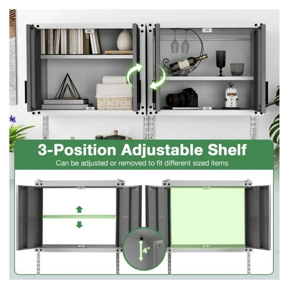 Metal Wall Cabinet with Lock, 3 Adjustable Shelves - Gray & White - 28.5"x14"x47" - Garage, Kitchen, Office Storage - Heavy Duty Steel Cabinet with Doors