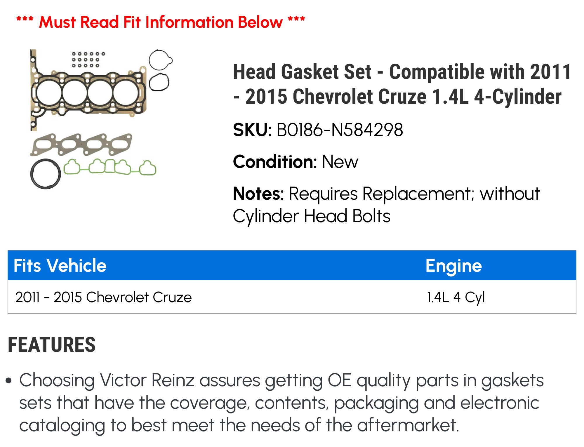 Head Gasket Set Compatible with 2011 2015 Chevy Cruze 1.4L 4-Cylinder  2012 2013 2014