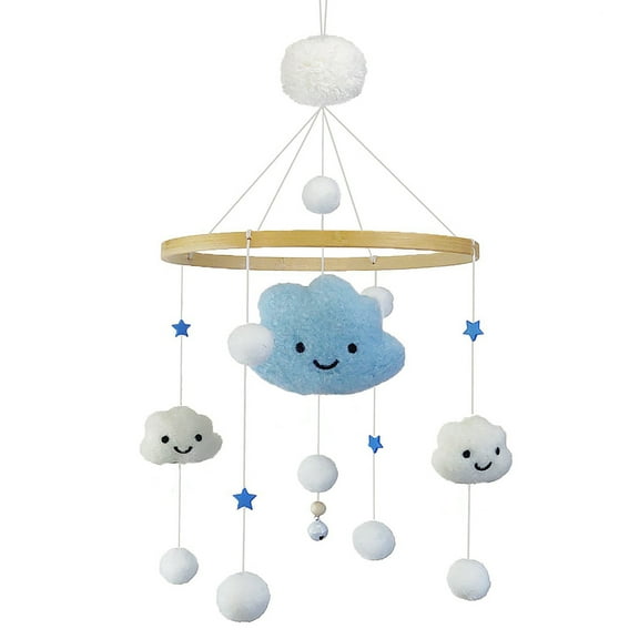 Wooden Baby Crib Mobile, Cloud Nursery Mobile with Cotton Pom-Poms, Bamboo Wind Chime Bed Bell for Infant Sleep & Nursery Décor – Blue