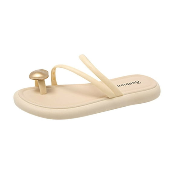 Women Round Toe Flat Sandals with Chic Metallic Toe Ring Flip Flops Single Strappy Casual Dressy Summer Outfits Shoes White Women Sandal