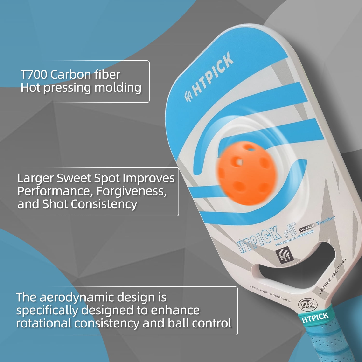 HTPICK Thermoformed Pickleball Paddle - T700 Carbon Fiber Surface, 16mm Honeycomb Core, Blue, USAPA Approved