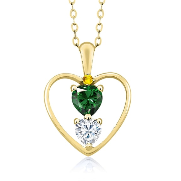 18K Yellow Gold Plated Silver Green Nano Emerald White Moissanite and Yellow Sapphire Pendant Necklace for Women (0.74 Cttw, Gemstone May Birthstone, Heart 5MM and 4MM, with 18 inch Silver Chain)