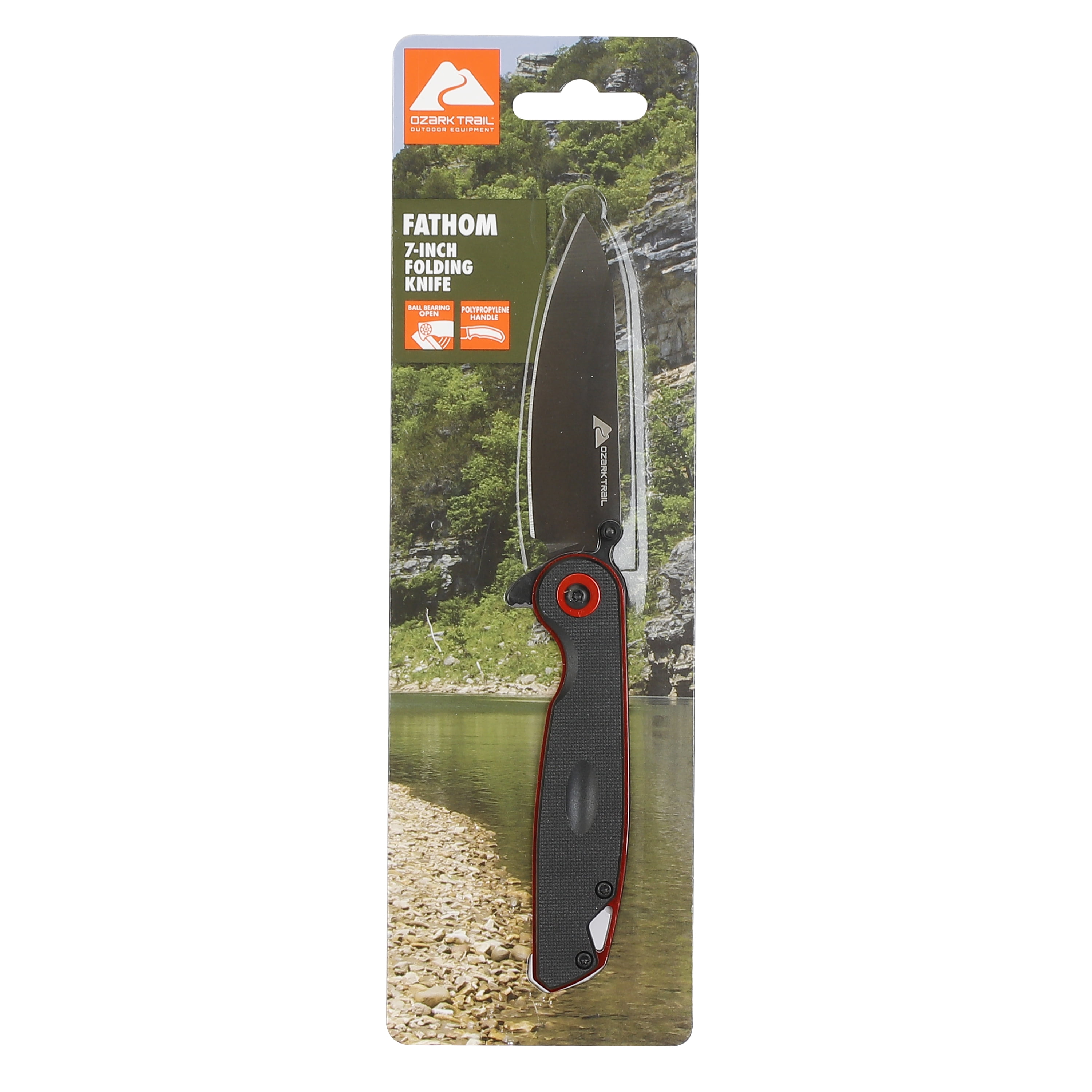Ozark Trail Fathom 7 inch Folding Knife, Drop Point Blade, Black Handle