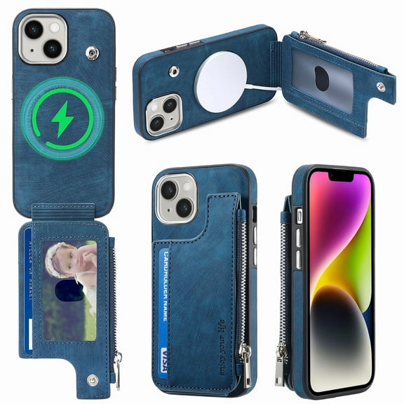 ELEHOLD for iPhone 14 Plus Multi-Functional Wallet Case,Premium PU Leather with Card Holders Zipper Storage Magnetic Case MagSafe Compatible Support Wireless Charging Full Protective Case,blue