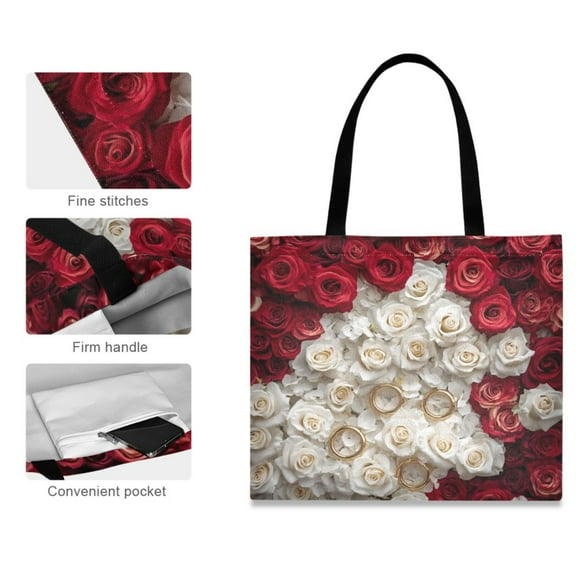 Canvas Tote Bag for Women Girls Design Print White and Red Rose Tote