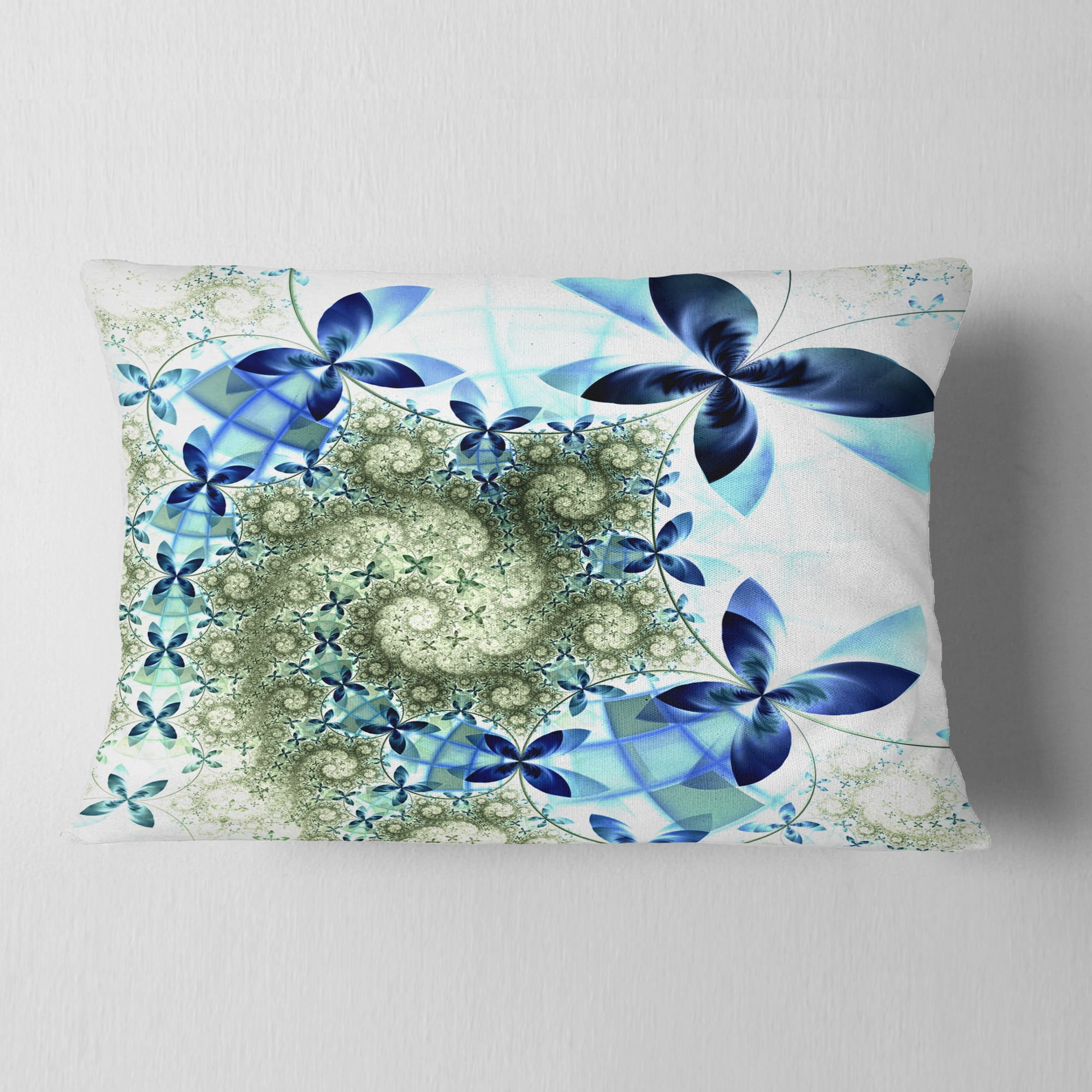 Designart Blue and Green Fractal Flowers - Floral Throw Pillow - 12x20