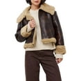 thumbnail image 2 of Women Faux Leather Jacket with Faux Fur Lining Warm Winter Biker Coat Brown M, 2 of 10
