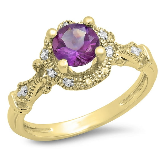 0.80 Carat (Ctw) 18K Yellow Gold Round Cut Amethyst & White Diamond Ladies Bridal Halo Vintage Style Engagement Ring