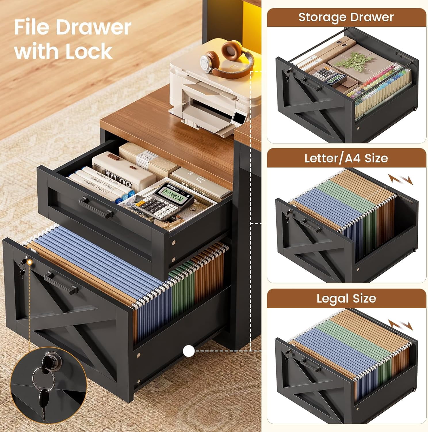 SEDETA L Shaped Desk with 2 Drawers, 65"x 59" Large Home Office Desk with Lockable File Drawer & Power Strip, Corner Desk with Storage & LED Strip, Black + Brown