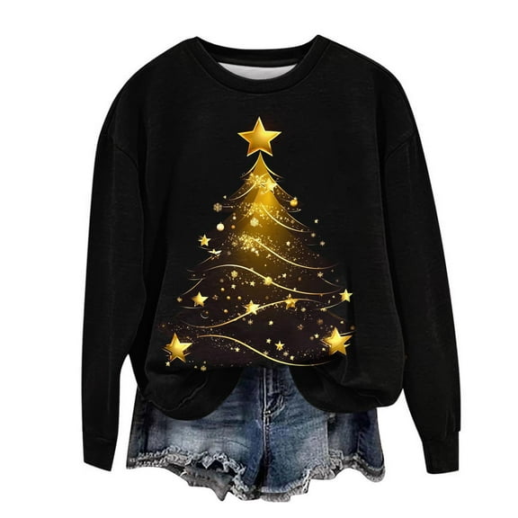 Fall Fashion Must Haves Womens Cute Christmas Tree Print Sweatshirt Long Sleeve Round Neck Pullover Top Women Fall Clothes My Items