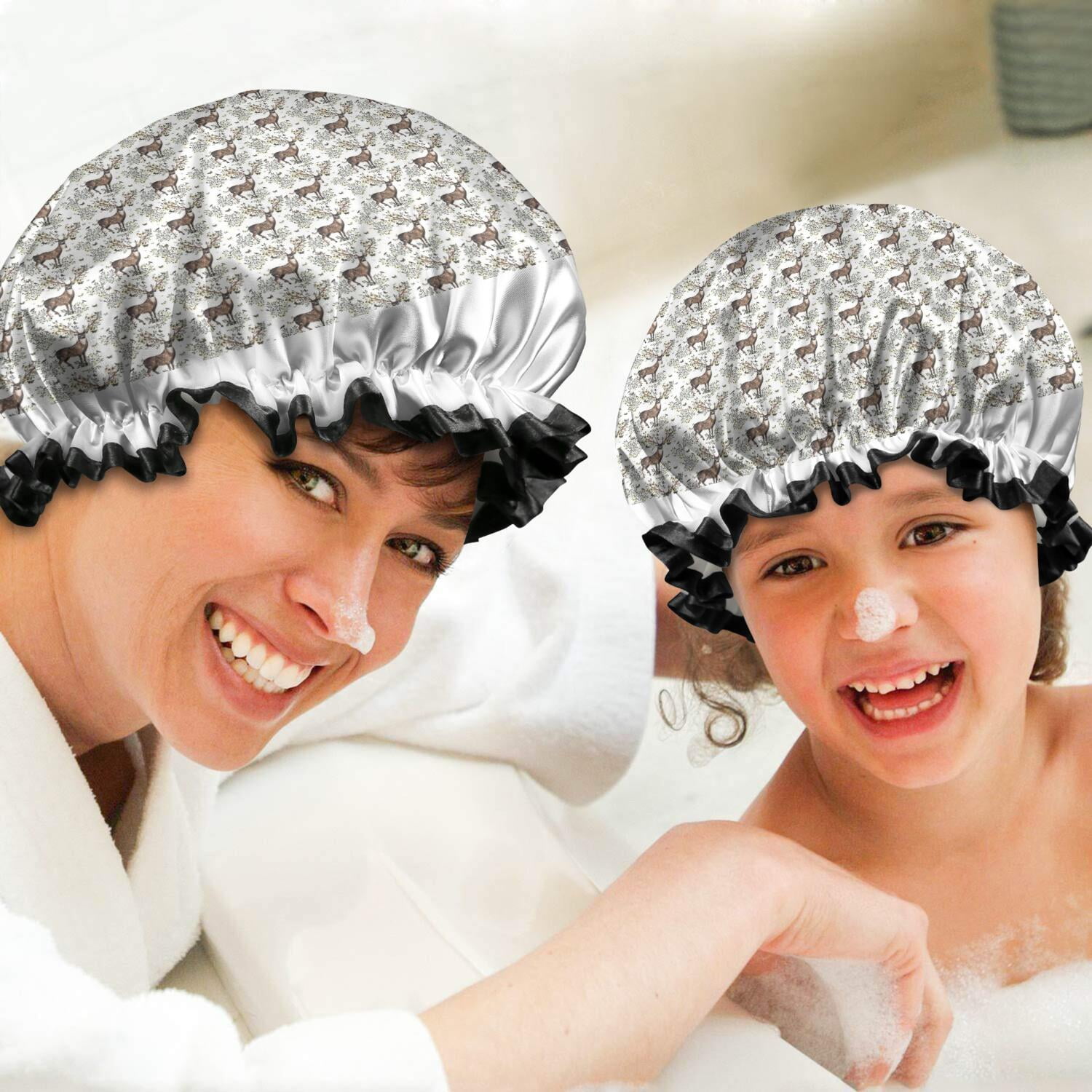 Shower Caps,Brown Christmas Deer Pattern Waterproof Shower Cap for Women 4 Pieces,Double Reusable Hair Cover for Shower PEVA Elastic Stretch Hem