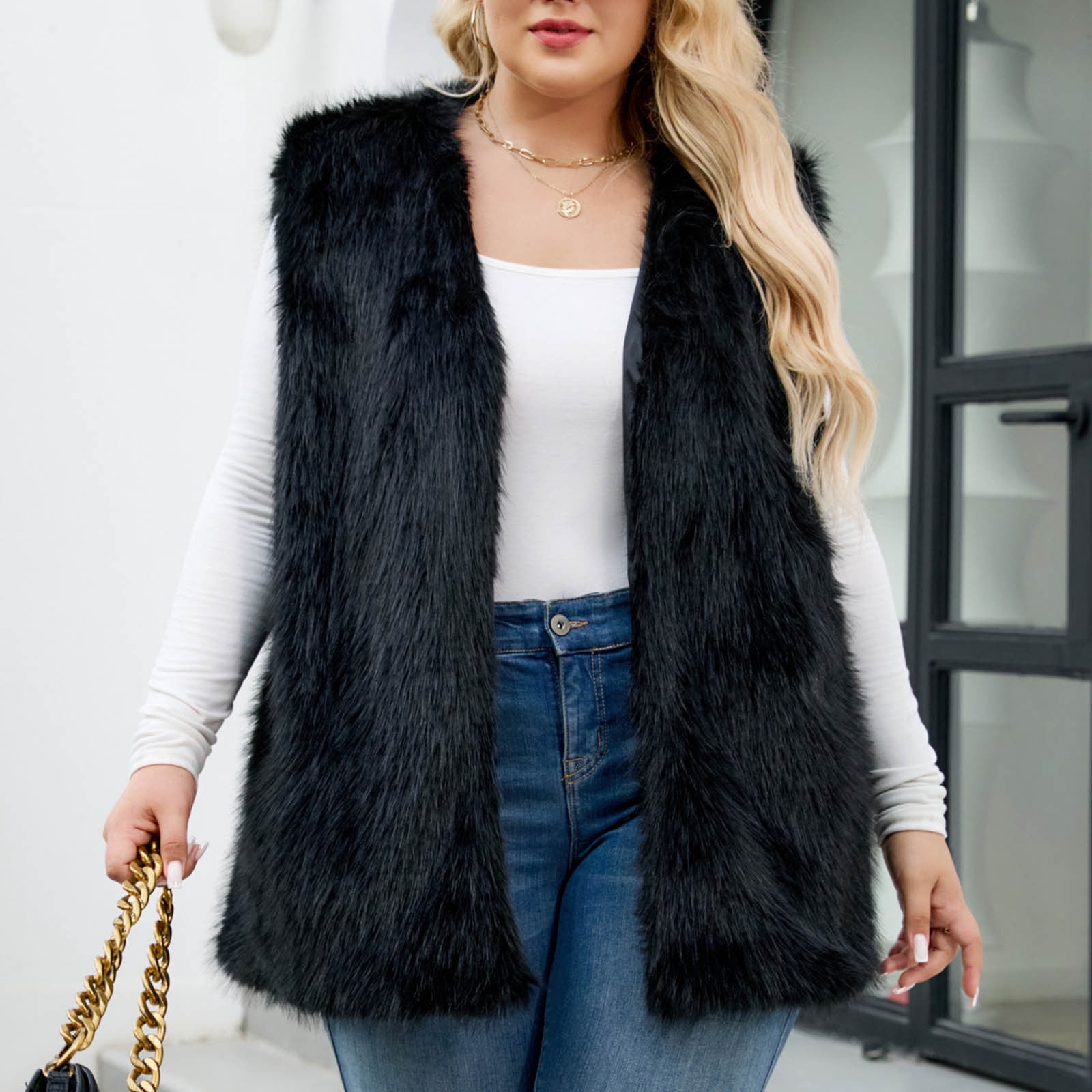 Uaswgudfs Women's Black Faux Fur Vest, Plus Size Winter Sleeveless Warm Outerwear, Casual Fashion Layering Jacket - Trendy Style Black 2XL
