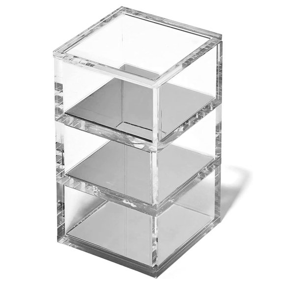 OfficeGoods Support Acrylique Empilable à 3 Niveaux - Organisateur de Bureau et Rangement Élégant pour Bureau Ou Maison – Design Carré Transparent avec Base en Métal Argenté