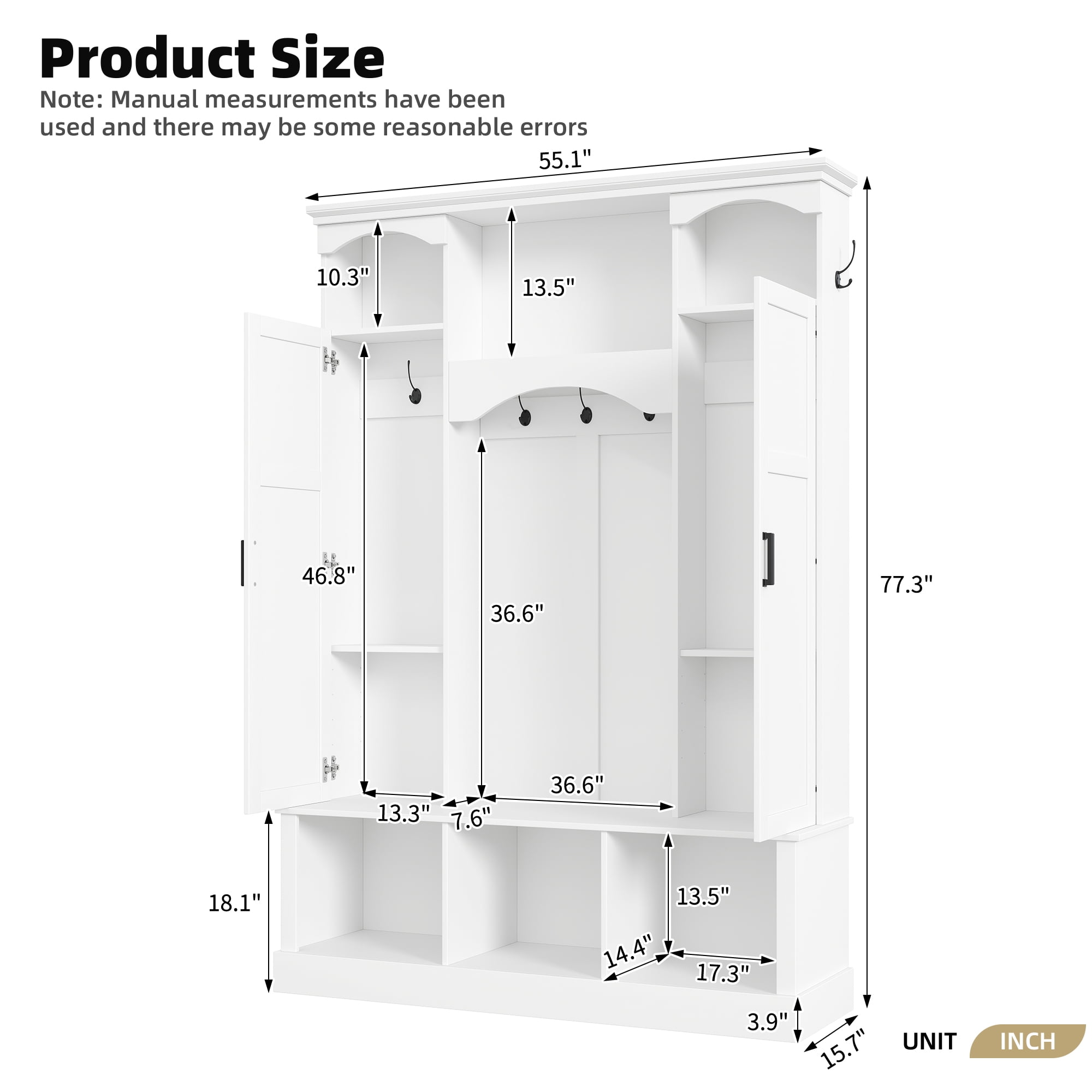 T-Foyer Farmhouse White Hall Tree with 7 Hooks & 2 Cabinets, Wooden Rustic Entryway Organizer with Open Storage & Adjustable Shelves