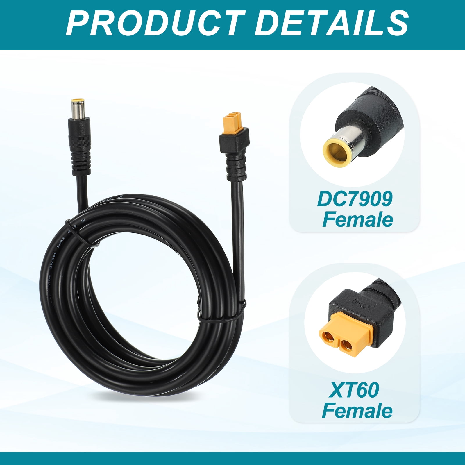 Uxcell XT60 to DC Connector Adapter Cable, 14AWG 10 ft XT60 Female to DC7909 Male Power Cable for Portable Power Station, Solar Panels