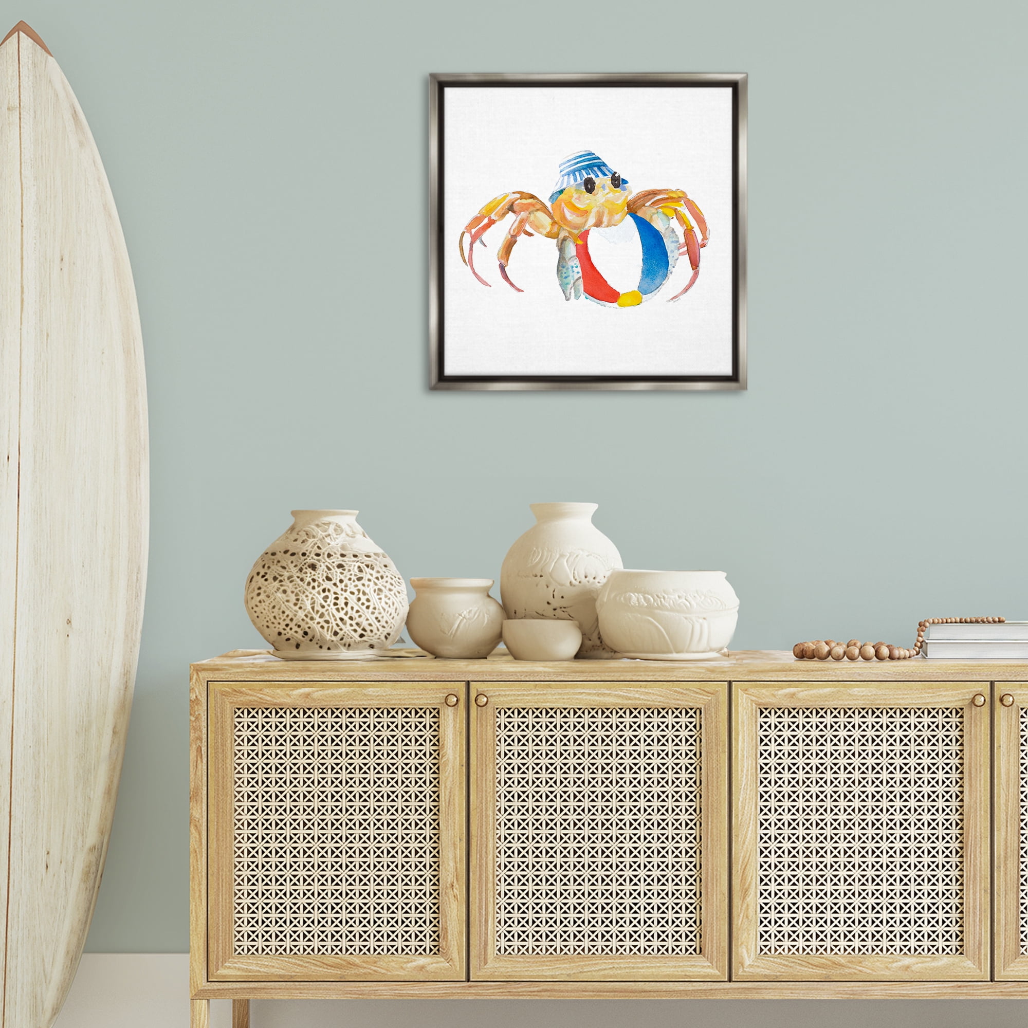 Stupell Industries Beach Ball Crab Novelty Painting Gray Floater Framed Canvas Art Print Wall Art, 25 x 25