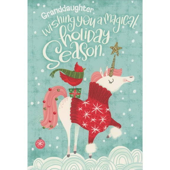 Pictura Proud Unicorn Wearing Red Sweater on Light Blue Christmas Card for Granddaughter