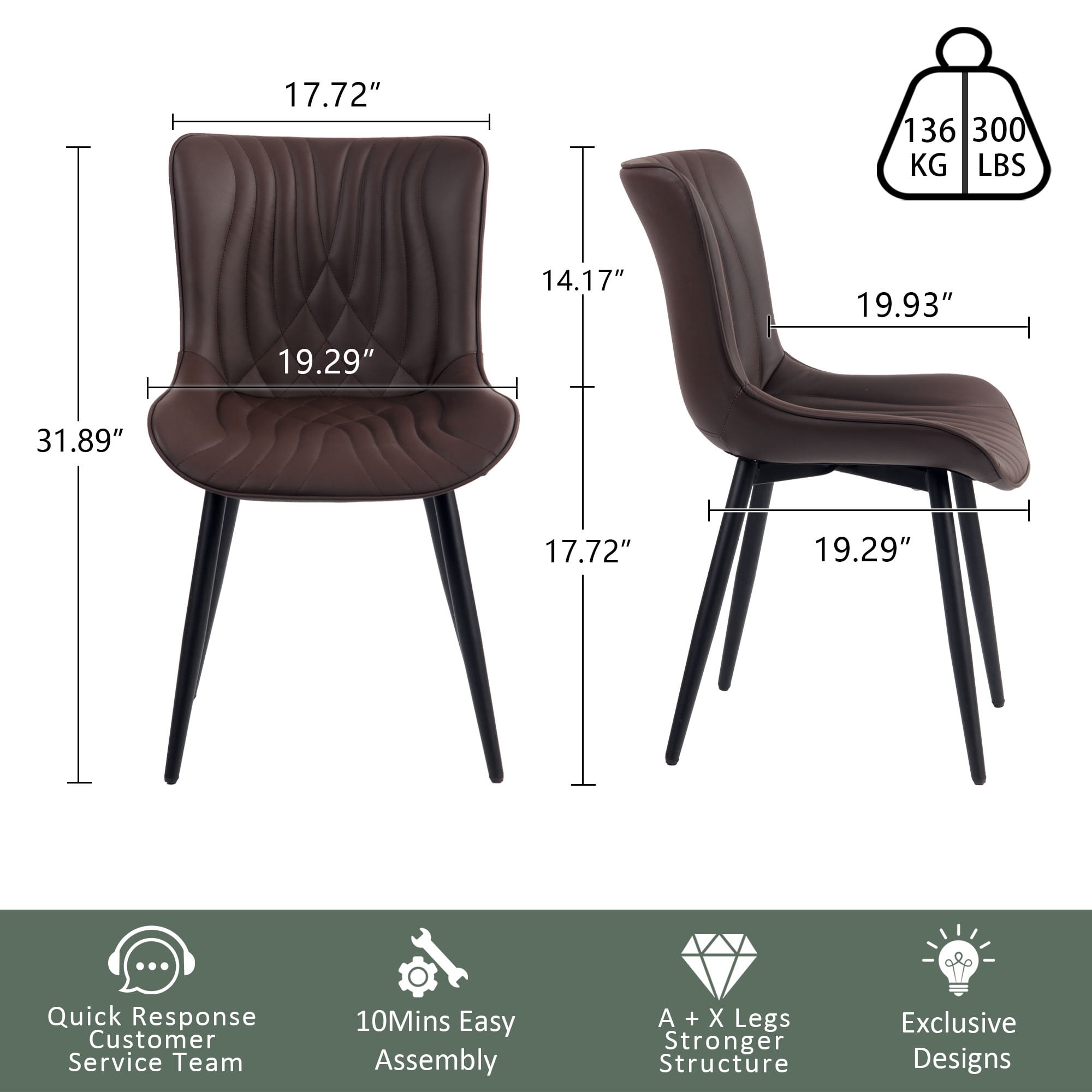 YOUNIKE Dining Chairs with Metal Legs Wing Backrest Set of 2 Upholstered Dinner Side Chair, Brown