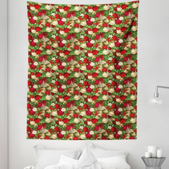Christmas Tapestry, Tree Branches Spruce Leaves Balls Bells Cones Poinsettia Flowers Mistletoe Berry, Fabric Wall Hanging Decor for Bedroom Living Room Dorm, 5 Sizes, Multicolor, by Ambesonne