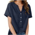 thumbnail image 3 of Sevevn Women's Linen Cotton Short Sleeve Henley Shirt Casual V-Neck Button Front Summer Blouse Navy XL, 3 of 9