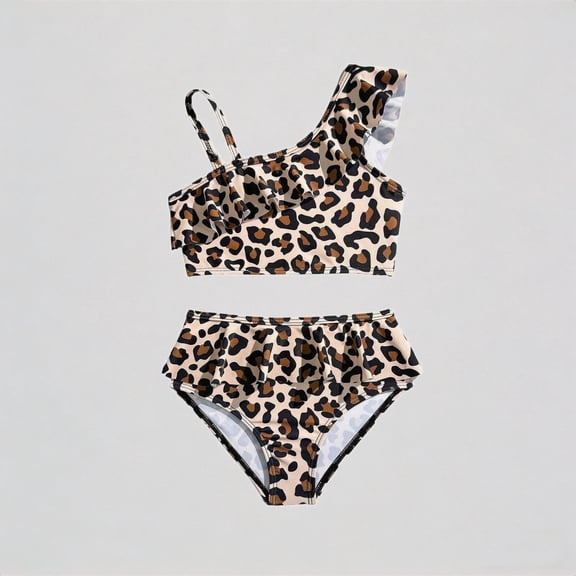 Krdevn Girls Two Piece Bikini Swimsuit Leopard Print Asymmetrical One-Shoulder Ruffled High Waist UPF 50 Summer Beach Pool Swimwear,5-6 Years