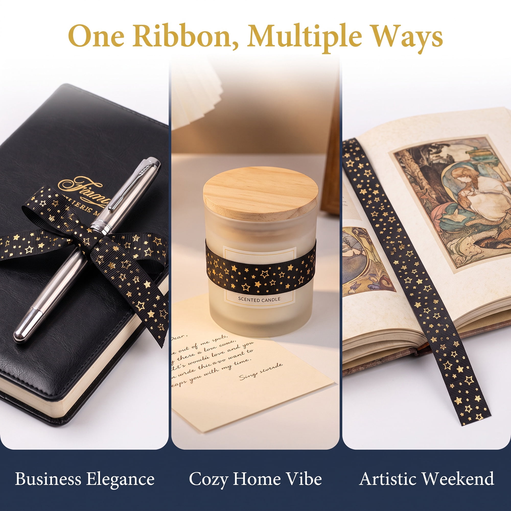 Unique Bargains Elegant Star Pattern Fabric Ribbon for Creative Presentations Black