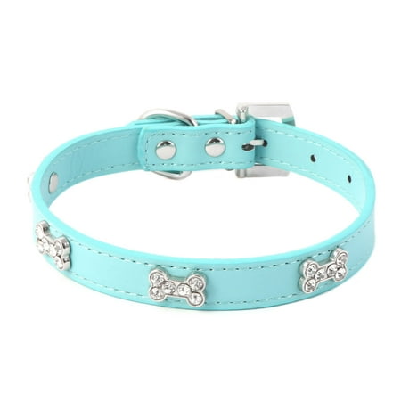 Bones Leather Dog Collar - Pet Metal Buckle Faux Leather Artificial Rhinestone Bone Decor Dog Collar Size M