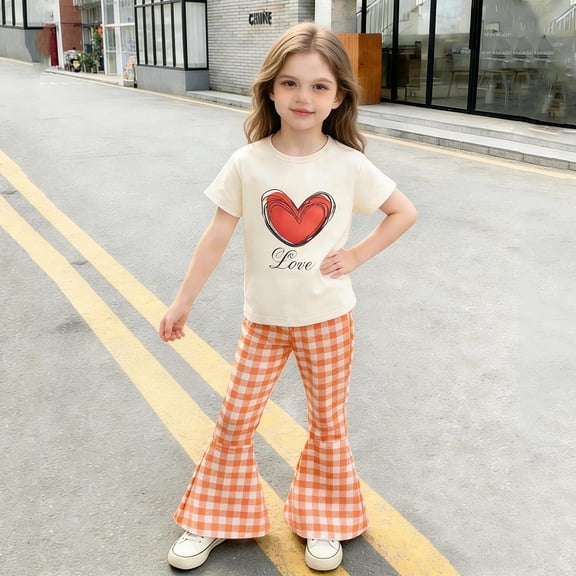 ITSAME Girls Outfit Set, Cotton Crewneck T-Shirts and Flared Pants Fashion Casual Clothes 2-Piece Orange Size 12