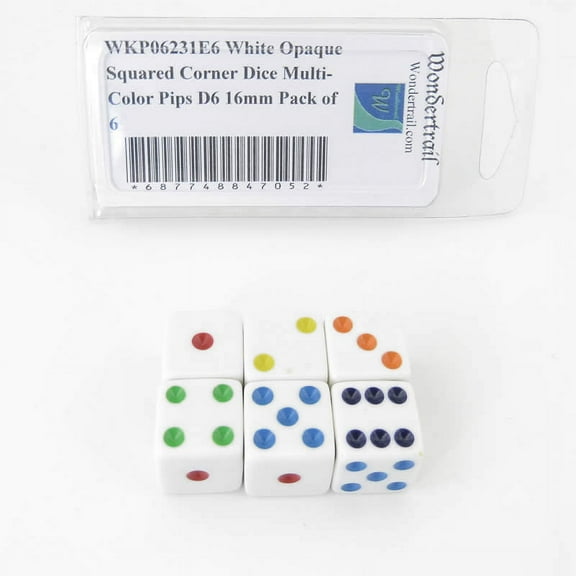White Opaque Squared Corner Dice Multi-Color Pips D6 16mm (5/8in) Pack of 6 Wondertrail