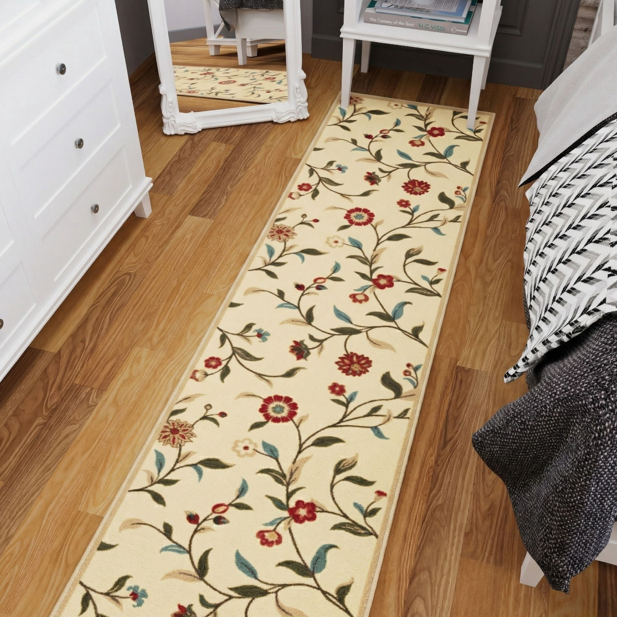 Ottomanson Extra Long Runner Rug 1'10.5" x 29' – Non-Slip Low Pile Hallway Carpet, Floral Beige