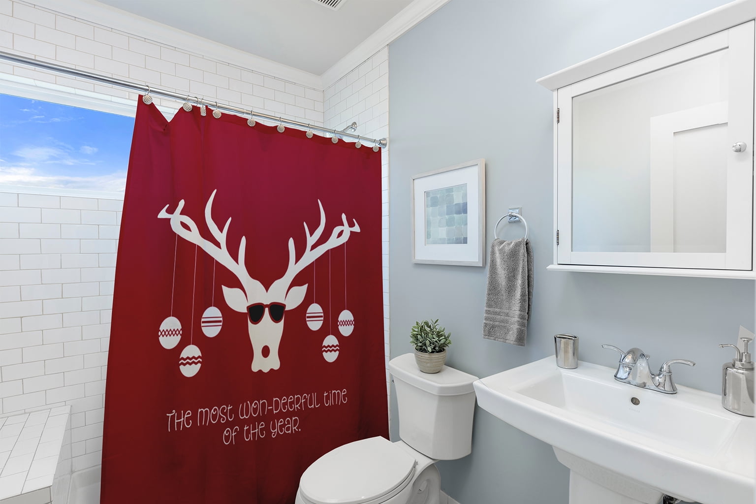 Simply Daisy 70" W x 73" L Cool Christmas Deer Polyester Shower Curtain, Haute Red [1 Ct]